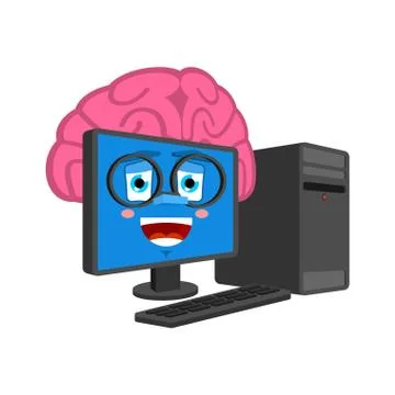 Smart Computer with brains isolated. Brain in PC Cartoon Style. data processo Ilustración de archivo