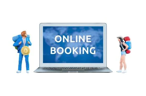 Smart computer laptop show online booking on screen and miniature people be.. 스톡 사진