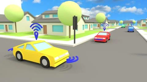Smart connected car scene in low poly village Stock-Illustration