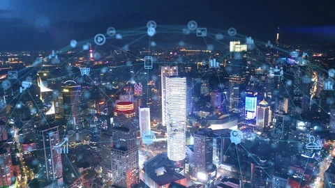 Smart Connected city skyline. Futuristic network concept, city Technology Stock Footage