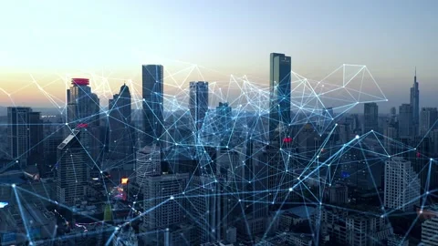 Smart Connected city skyline. Futuristic network concept, city Technology. Video stock 164609109