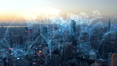 Smart Connected city skyline. Futuristic network concept, city Technology. Stock Footage 164609202