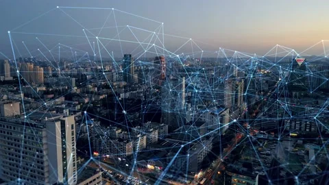 Smart Connected city skyline. Futuristic network concept, city Technology. Vidéo 164609351