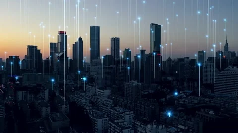 Smart Connected city skyline. Futuristic network concept, city Technology. Video stock 164609559
