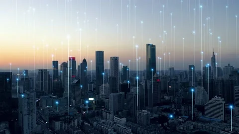 Smart Connected city skyline. Futuristic network concept, city Technology. Vidéo 164609598