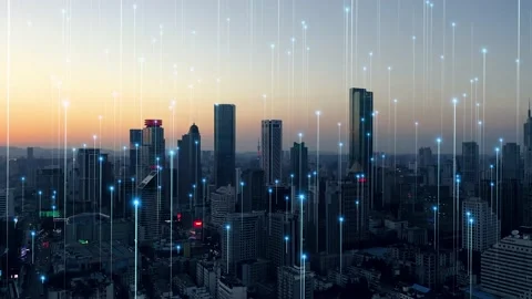 Smart Connected city skyline. Futuristic network concept, city Technology. Stockbeeldmateriaal 164609607