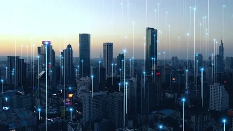 Smart Connected city skyline. Futuristic network concept, city Technology. Stock Footage 164609689