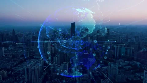 Smart Connected city skyline. Futuristic network concept, city Technology Video stock 221921908