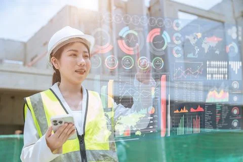 Smart construction engineer overlay infographic graph chart, Future informa.. 库存照片