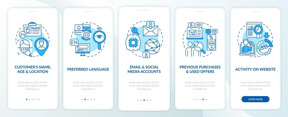 Smart content analytics components blue mobile app page screen with concepts Illustrazione stock