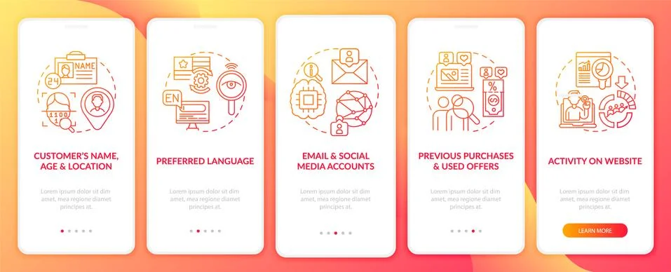 Smart content analytics components red onboarding app page screen with concepts 库存插图