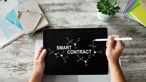 Smart contract blockchain based technology concept on screen. Cryptocurrency 스톡 사진