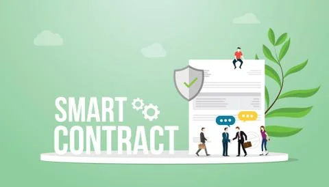 Smart contract concept with big words team people and paper document with sta Stock Illustration