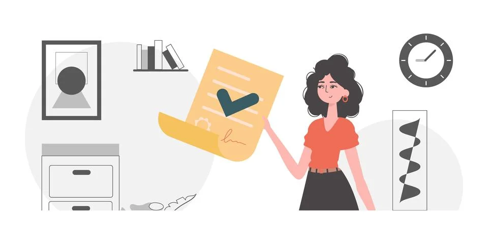 Smart contract concept. Data protection. The girl is holding a document. Stock Illustration