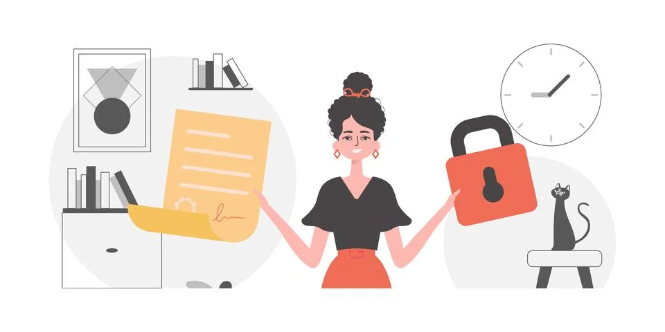 Smart contract concept. Data protection. The girl is holding a contract or .. Stock Illustration