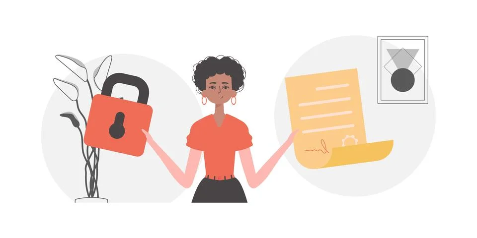 Smart contract concept. Data protection. The woman is holding a document. Illustrazione stock