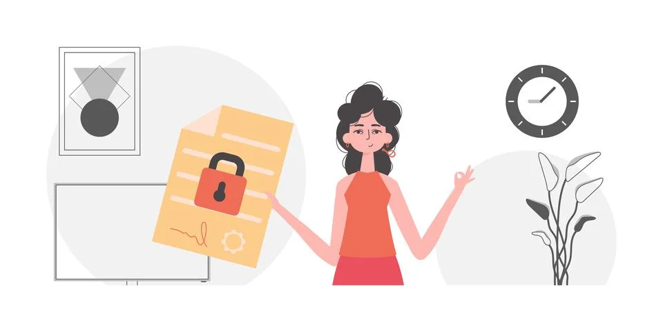 Smart contract concept. Data protection. The woman is holding a contract in.. Stock Illustration