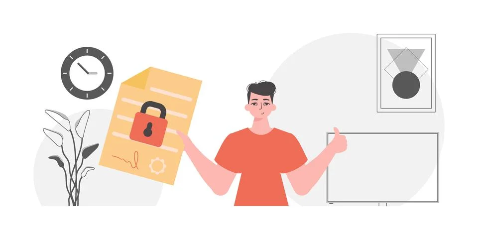 Smart contract concept. Data protection. The man is holding a document. イラスト素材