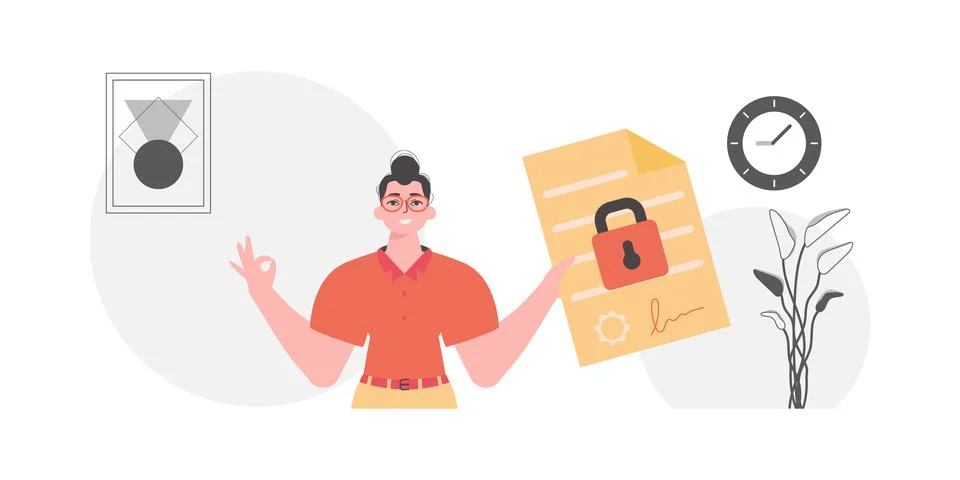Smart contract concept. Data protection. A man is holding a contract or doc.. Stockillustratie