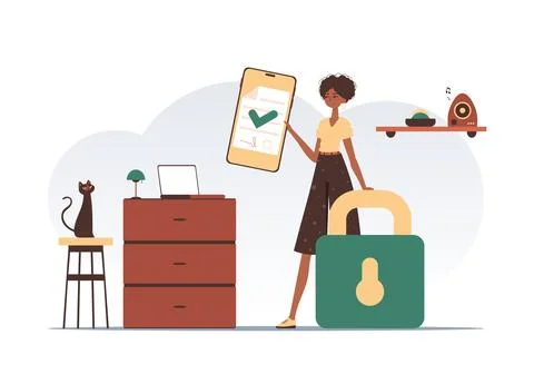 Smart contract concept. Data protection. The girl is holding a document. Mo.. 스톡 일러스트