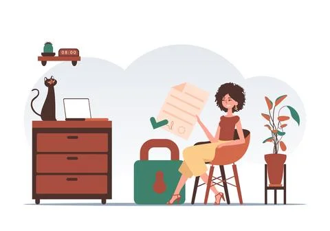 Smart contract concept. Data protection. The girl sits in a chair and holds.. Stock Illustration