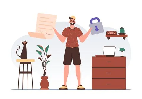 Smart contract concept. Data protection. The man is holding a document. Mod.. Stock Illustration