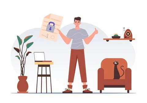 Smart contract concept. Data protection. The man is holding a document. Tre.. Illustrazione stock