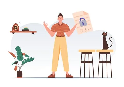 Smart contract concept. Data protection. The man is holding a document. Mod.. Stock Illustration