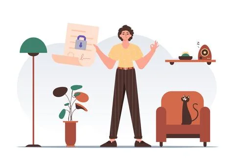 Smart contract concept. Data protection. A man is holding a contract or doc.. Stock Illustration