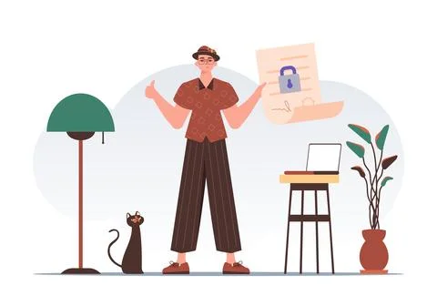 Smart contract concept. Data protection. A man is holding a contract or doc.. Stock Illustration