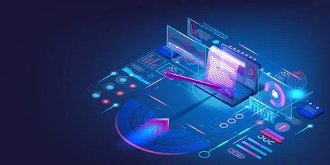 Smart contract. Digital technology. 3D laptop and virtual document paper Stock Illustration