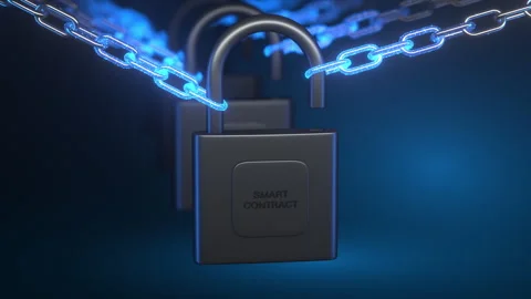 Smart Contract Padlock with Glowing Blue Blockchain Chains Stock Footage 330883925