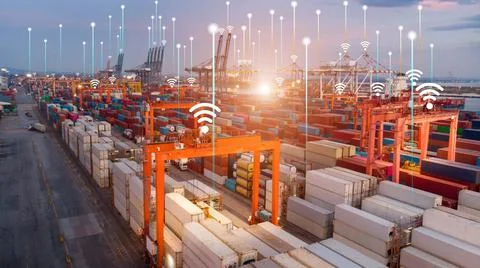 Smart crane loading cargo with smart line and smart wifi in the international Stock Photos
