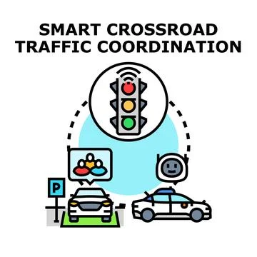 Smart crossroad traffic coordination system managing urban flow Stock Illustration