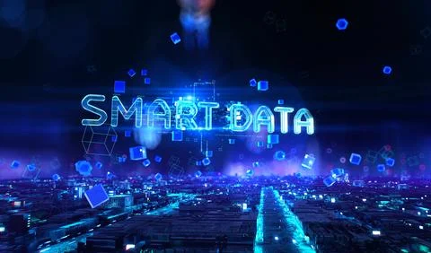 Smart Data - businessman working and touching with augmented virtual reality at Illustrazione stock