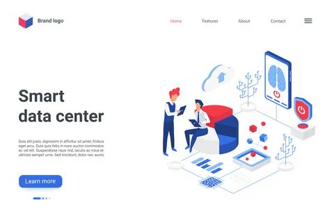 Smart data center isometric landing page, people and artificial brain Stock Illustration