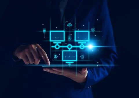 Smart data exchange technology, Data transfer, Cloud network connects to inte Stock Photos