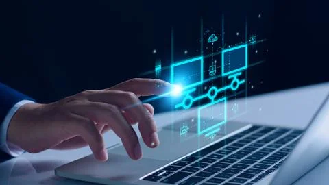 Smart data exchange technology, Data transfer, Cloud network connects to inte Foto stock