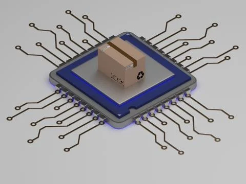 Smart delivery box on realistic cpu icon 3d render 스톡 일러스트