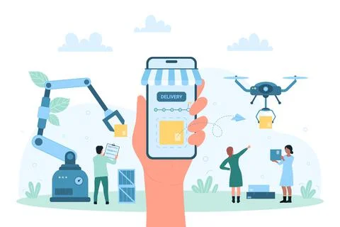 Smart delivery service, tiny people and machines work in warehouse, tracking Illustration