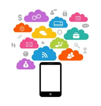 Smart device with cloud of application icons, business infographics elements Stock Illustration