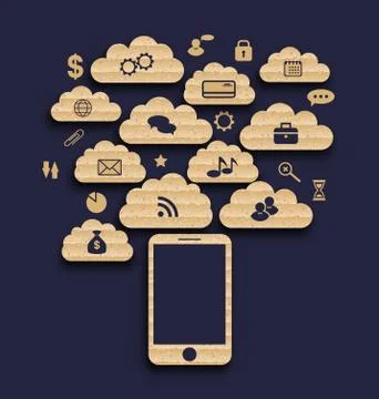 Smart device with cloud of application icons, business infographics elements Illustrazione stock