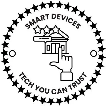 A smart device logo with a hand pointing to a building Ilustración de archivo