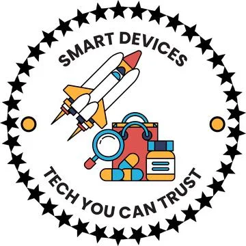 A smart device logo with a rocket and a magnifying glass Illustrazione stock
