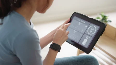 Smart device showing sleep rate for urban better living with IOT. Stock Footage 220895664