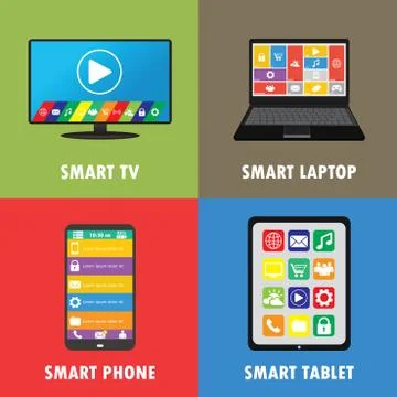 Smart device- smartphone, laptop, tablet, TV, flat design Stock Illustration