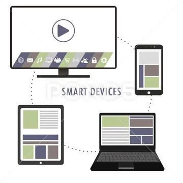 Smart device- smartphone, laptop, TV, tablet pc, flat design, Stock Illustration