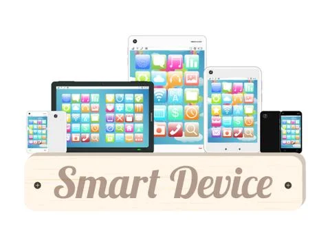 Smart device wood board with smart phone and tablet Stock Illustration