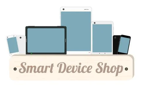 Smart device wood board with smart phone and tablet Illustrazione stock