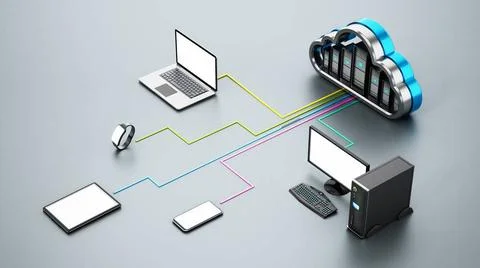 Smart devices connected to the cloud shaped servers. Cloud computing diagr... Foto stock